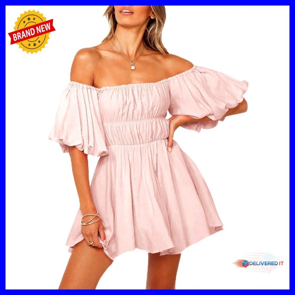 Off Shoulder Lantern Sleeve Ruffle A-Line Mini Dress Casual Summer Chic
